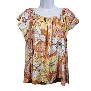 Kim & Cami 1X XL Top Flutter Sleeve Eyelet Fabric White Pink Floral Casual